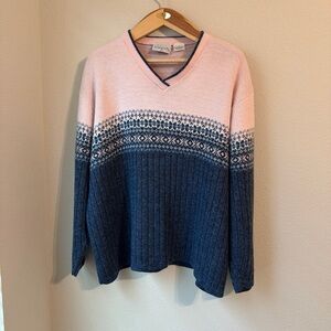 Basic Editions Pink and Blue V-Neck Fair Isle Sweater Pull-Over USA,Size 3X